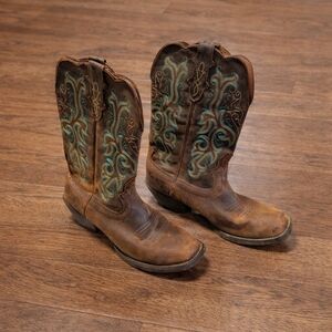 Brown Leather Embroidered Cowboy Boots with Turquoise Stitching